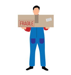 Delivery Man with a Parcel Isolated on White. People and blue collar workers vector art, delivering an item to the customer