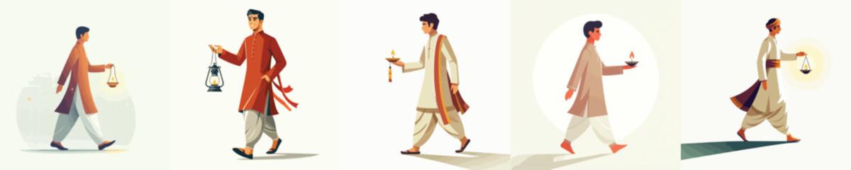 vector of an indian man walking carrying an oil lantern celebrating diwali
