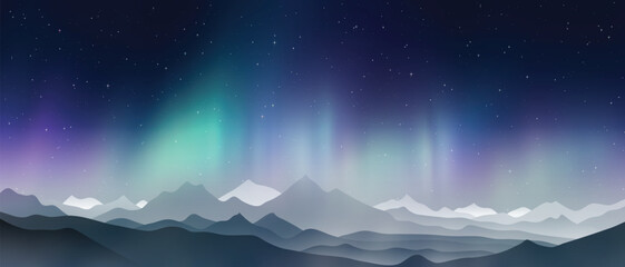 Winter landscape with polar lights, night starry sky, mountain landscape, vector illustration