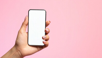 Hand holding smartphone with blank white screen on pink background
