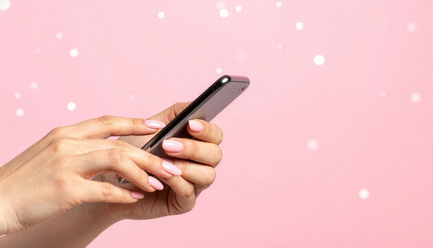Woman using smartphone with pink background - Powered by Adobe