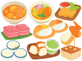 Vector Thai Food Clip Art Set Culture Cuisine Massaman Curry Spring Roll Custard Bread Illustration Isolated on White Background Graphic Restaurant Menu