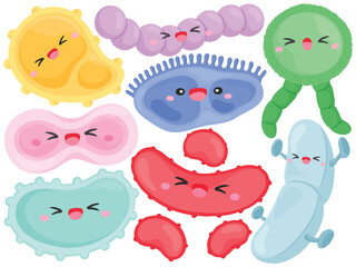 Vector Cute Bacteria Clip Art Set Kawaii Microbiology Germ Virus Character Cartoon Illustration Isolated on White Background Graphic Science Kids