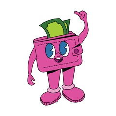 Happy pink wallet character with money