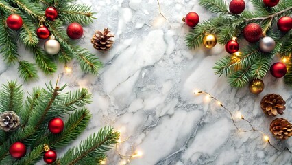 The image displays a festive holiday scene, featuring pine branches, ornaments, lights, and pinecones on a marble