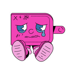 Sad pink wallet character crying. vector illustration