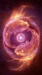 Two glowing fish entwined in a cosmic nebula with swirling light particles