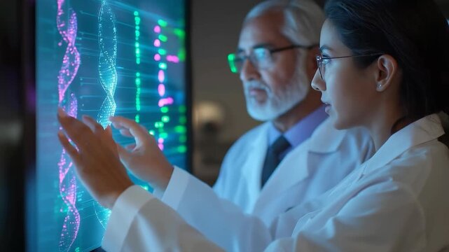 Doctor Analyzing Holographic DNA Sequence on a Digital Screen - Powered by Adobe