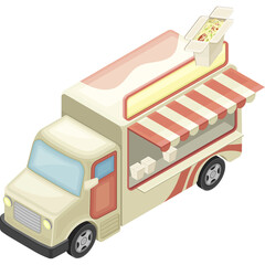 Cream Colored Food Truck With Red Striped Awning And Open Serving Window Displaying Boxes Of Food Ready For Service On A Transparent Background
