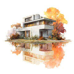 Modern house reflects autumn colors in a tranquil garden setting