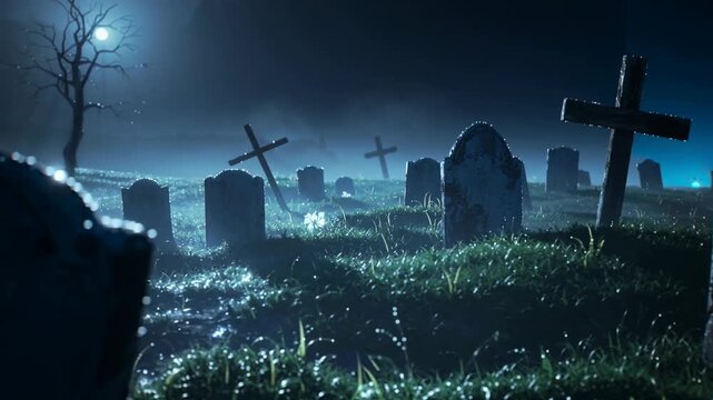Camera is gliding horizontal over a spooky graveyard with old withered tombstones and wooden crosses