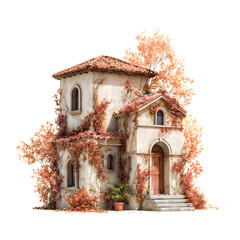 Charming old house covered in autumn leaves in a serene setting with warm colors and rustic architecture