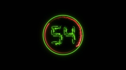 Obraz premium Number 54 neon bright lime green color4k illustration . Abstract neon bright circle frame on black background.
