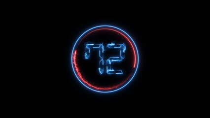 Number 72 neon bright royal blue color 4k illustration . Abstract neon bright circle frame on black background.
