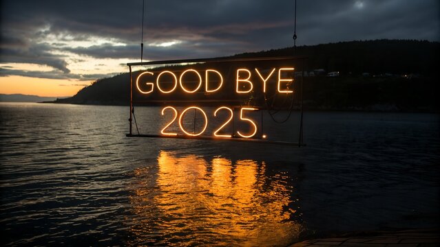 Neon sign saying good bye 2025 illuminated over dark water at sunset with reflection silhouette