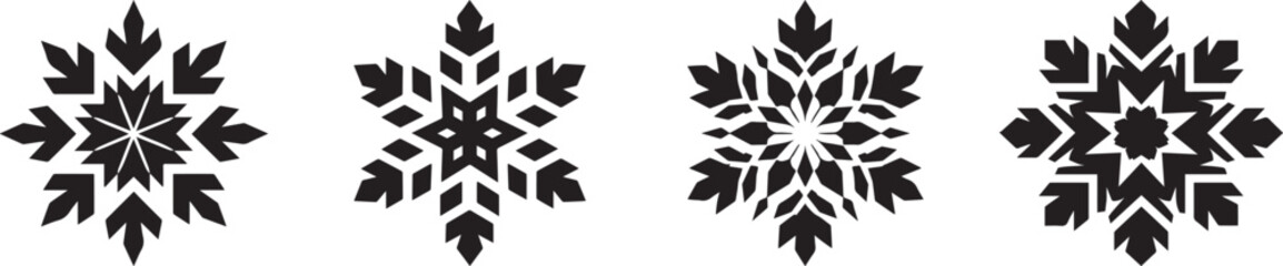 Elegant black geometric snowflake vector pattern set on white background — modern minimal winter ornament, Nordic-inspired symmetrical snowflake design for festive and decorative use
