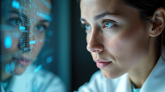 Nanotechnologist analyzing digital data visualization on high-tech display