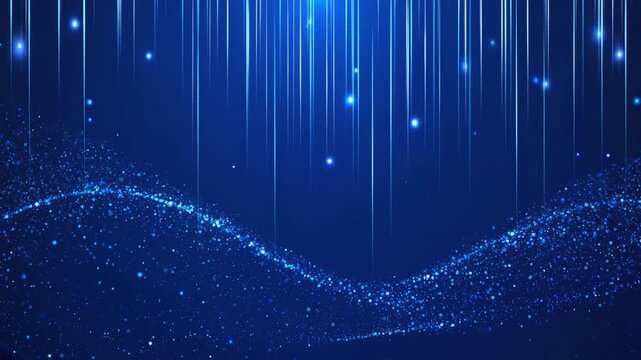 Blue abstract background with shimmering particle wave and vertical light beams creating a futuristic digital design