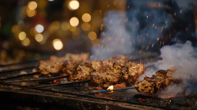 82Rows of lamb kebabs cooking on skewers, close-up of sizzling texture, smoke and sparks filling the air, Xi&rsquo;an Muslim Quarter street market alive with lights