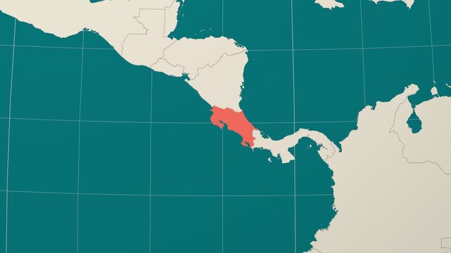 Costa Rica map. Animated zoom into the country on the Globe in Teal Pale Mint color palette. Country logo animation. Map with meridians, parallels. Elegant video.