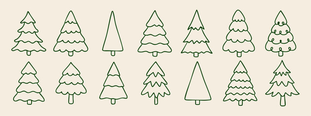 Collection of 14 hand-drawn Christmas trees with a green outline on a beige background. A minimalist festive set, perfect for winter, holiday, and decorative designs.