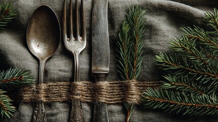 Elegant Christmas table setting with silver cutlery tied with pine sprigs on rustic linen napkin

