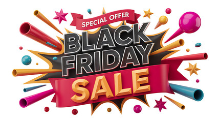 Special offer black friday sale text with colorful explosion and confetti isolated on transparent background