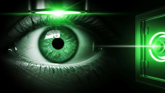 Human eye scan with vibrant green color illuminated by laser technology. Eye scan for biometric data and identification is modern, efficient, and futuristic.
