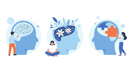 Conceptual illustration of mental health and psychology with people interacting with stylized human heads and brain imagery representing thought processes and well being