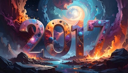 Colorful, artistic digital rendering of the year 2017 set against a swirling, cosmic backdrop with planetary features
