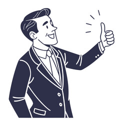 An illustration of a confident young businessman in a suit and tie giving a thumbs-up gesture. The man is smiling warmly, symbolizing success, approval, confidence, and leadership. Modern flat vector 