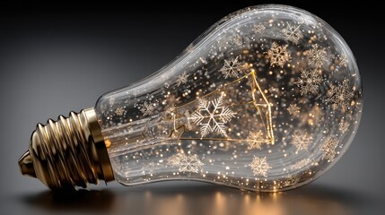 Golden Light Bulb Filled with Sparkling Snowflakes – Christmas Inspiration and Winter Illumination Concept