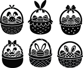 Easter Basket Silhouette Vector with Bunny Ears and Decorative Eggs .