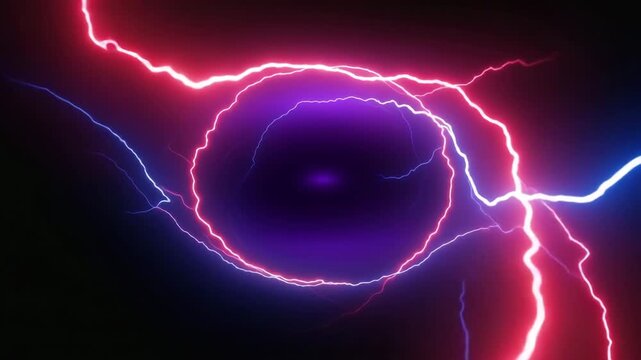 Energetic red and blue lightning arcs swirling in a dynamic abstract vortex on a dark background