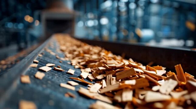 Wood shavings on a conveyor belt in a manufacturing facility. The scene highlights industrial processes and wood processing.