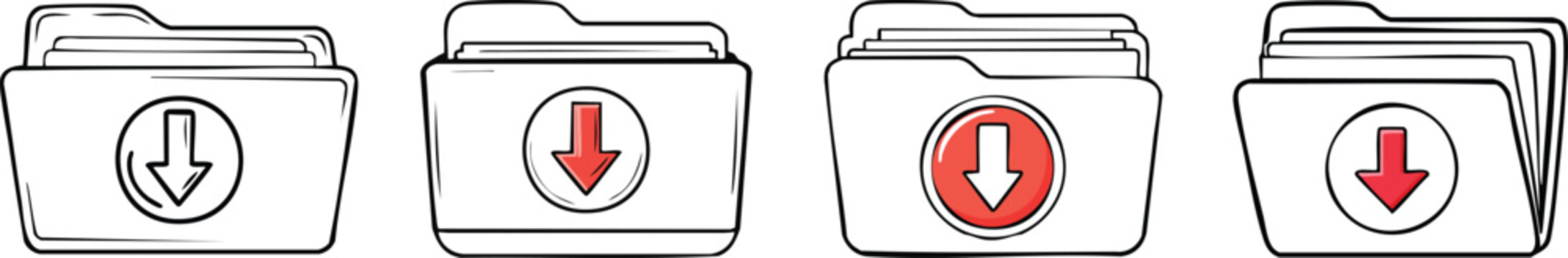 Simple elegant outline of folder with download arrow representing file storage document management and digital archive