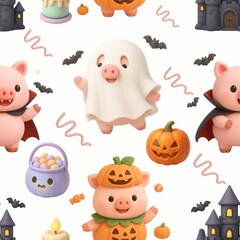 Cute 3D Cartoon Pig Halloween Pattern
