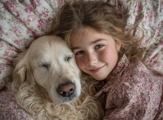 Sweet girl cuddling golden retriever dog on floral bed, cozy indoor moment of love and friendship

