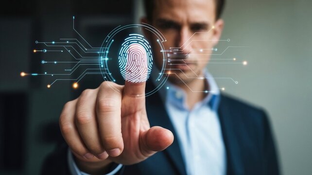 Businessman using digital fingerprint scan for biometric authentication and security access.