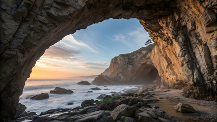 A wide-angle, landscape photograph depicting a natural rock archway framing a seascape