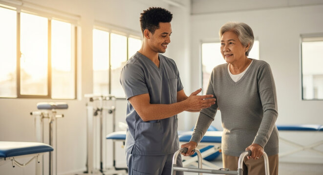 Nurse is helping elderly patient with walker in bright healthcare facility, promoting supportive and caring lifestyle. scene emphasizes patient care and rehabilitation