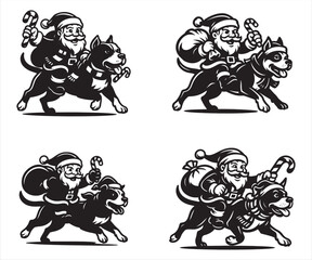 Fototapeta premium Santa Claus Riding Husky Dog Christmas Vector Set | Festive Santa with Candy Cane and Gift Bag | Adorable Holiday Pet Illustration Collection