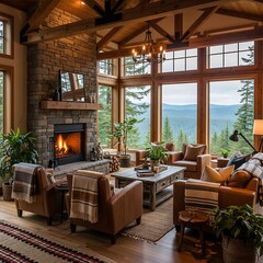 Fototapeta premium Cozy Cabin Living Room with Fireplace and Mountain Views.