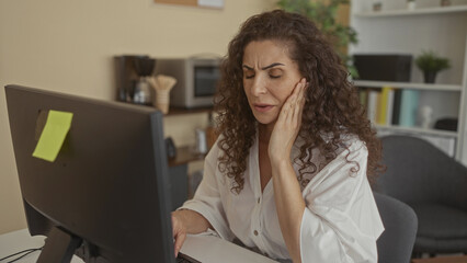 Obraz premium Woman typing at computer monitor with hand on cheek for toothache and concentrating at office desk in building; stress productivity focus performance.