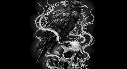 Mystical raven perched atop a skull with ethereal smoke and rune circle, evoking dark fantasy and gothic themes for book covers and digital art