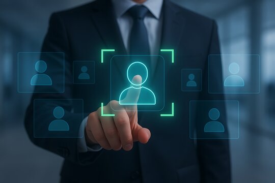 Businessman selecting virtual human profile hologram on futuristic screen for digital identity verification machine learning ai facial recognition technology  - Powered by Adobe
