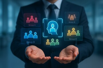 Businessman holding colorful holographic team group icons showing digital organization system artificial intelligence and online business management concept with human network