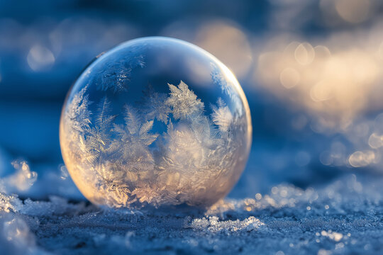 Creative macro of frozen soap bubble with crystallized patterns, winter concept - Powered by Adobe
