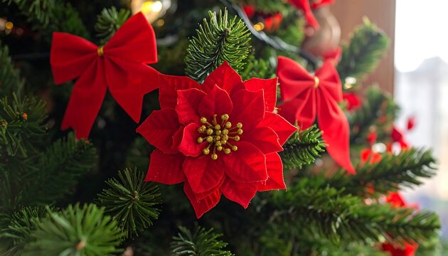Close-up of a festive Christmas tree with red poinsettia and bows, illuminated by twinkling lights, against a blurred backdrop