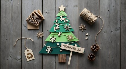 Celebrate eco friendly holidays with a charming green Christmas tree adorned with natural decorations and a 'Sustainable Joy' sign